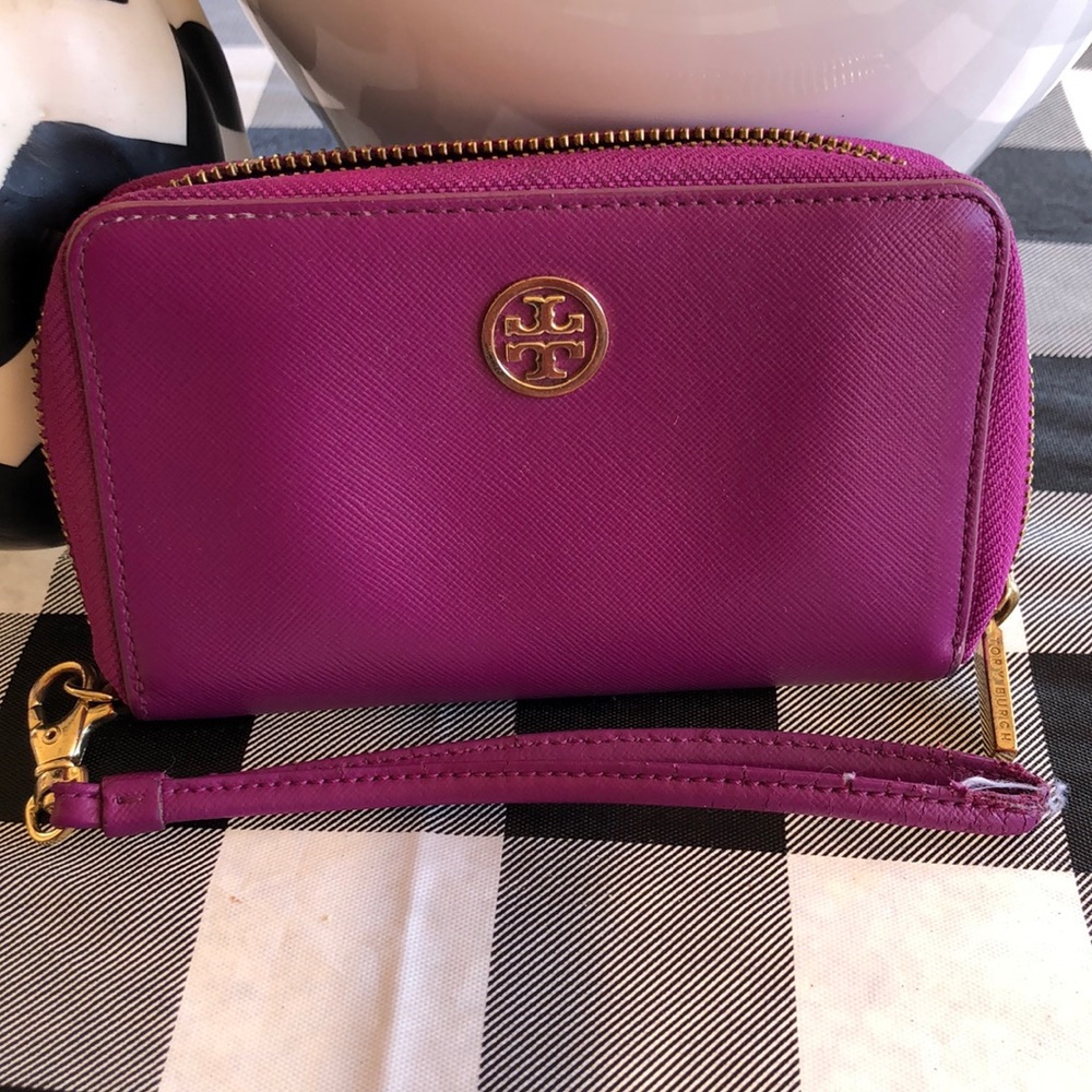 Tory Burch purple wristlet wallet